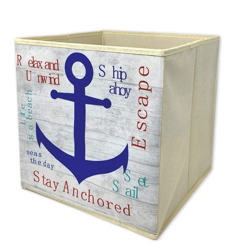 BANBERRY DESIGNS Collapsible Storage Bins - Nautical Beach Themed Cube - Catch All Basket - Organizer Box - Canvas Fabric Foldable Container…
