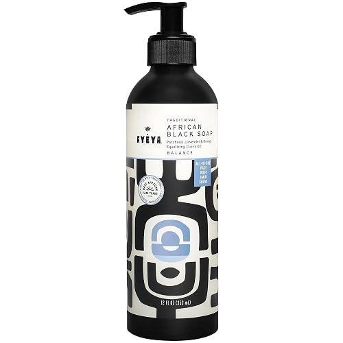 AYÉYA Liquid African Black Soap - Balance | Patchouli, Lavender & Orange for Combination Skin | Harmonizing Vegan Face & Body Wash | Natural African