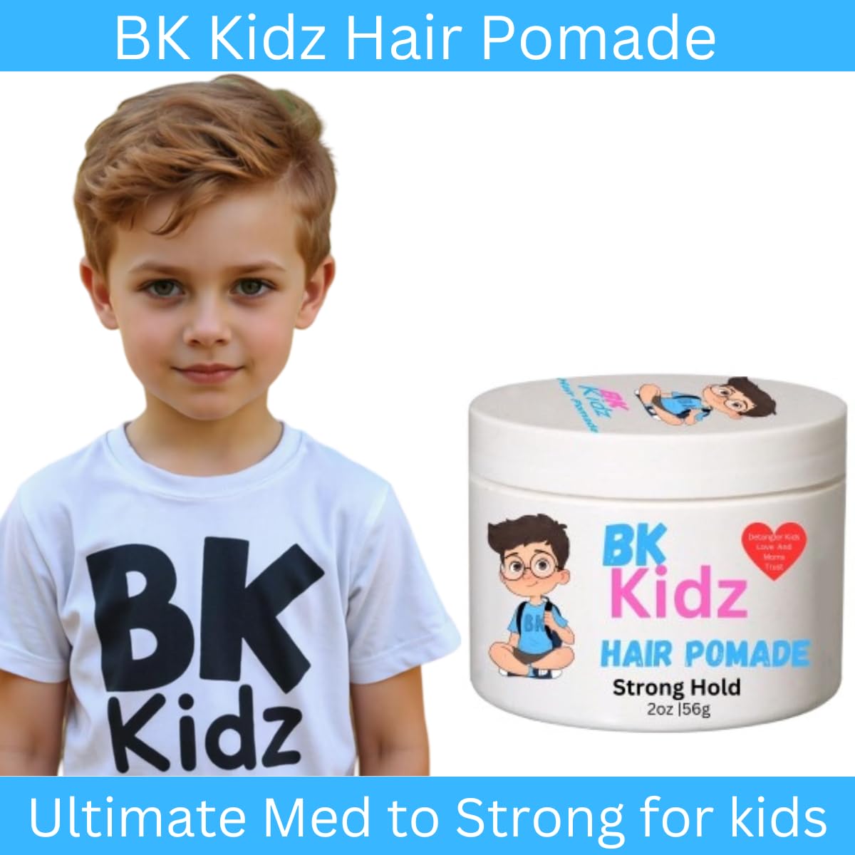 Boys Hair Pomade BK Kidz 3.5 oz - Strong Hold Gentle Formula for Kids Toddlers, Water-Based Easy Washout, Long-Lasting Styling