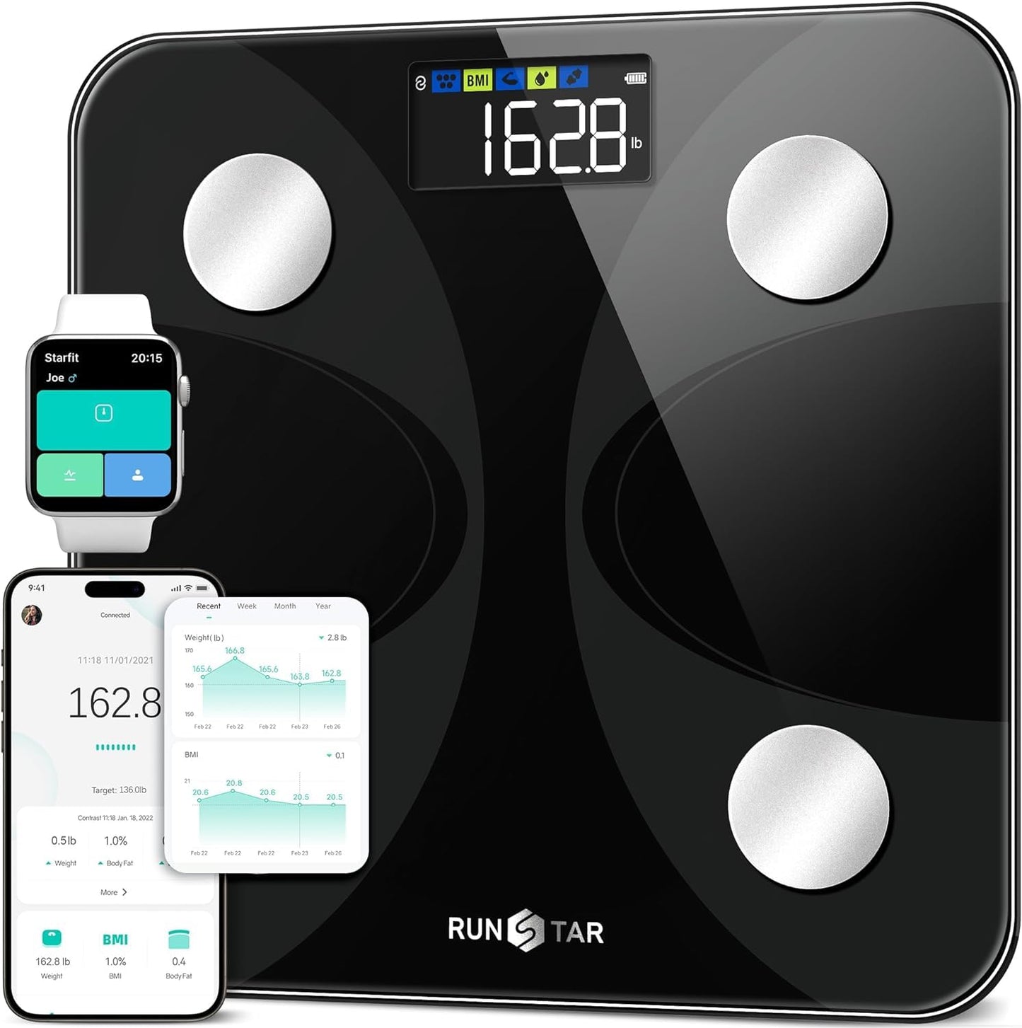 Scale for Body Weight and Fat Percentage, RunSTAR Digital Accurate Bathroom Smart Scale with Large Display, FSA&HSA Eligible 13 Body Composition…