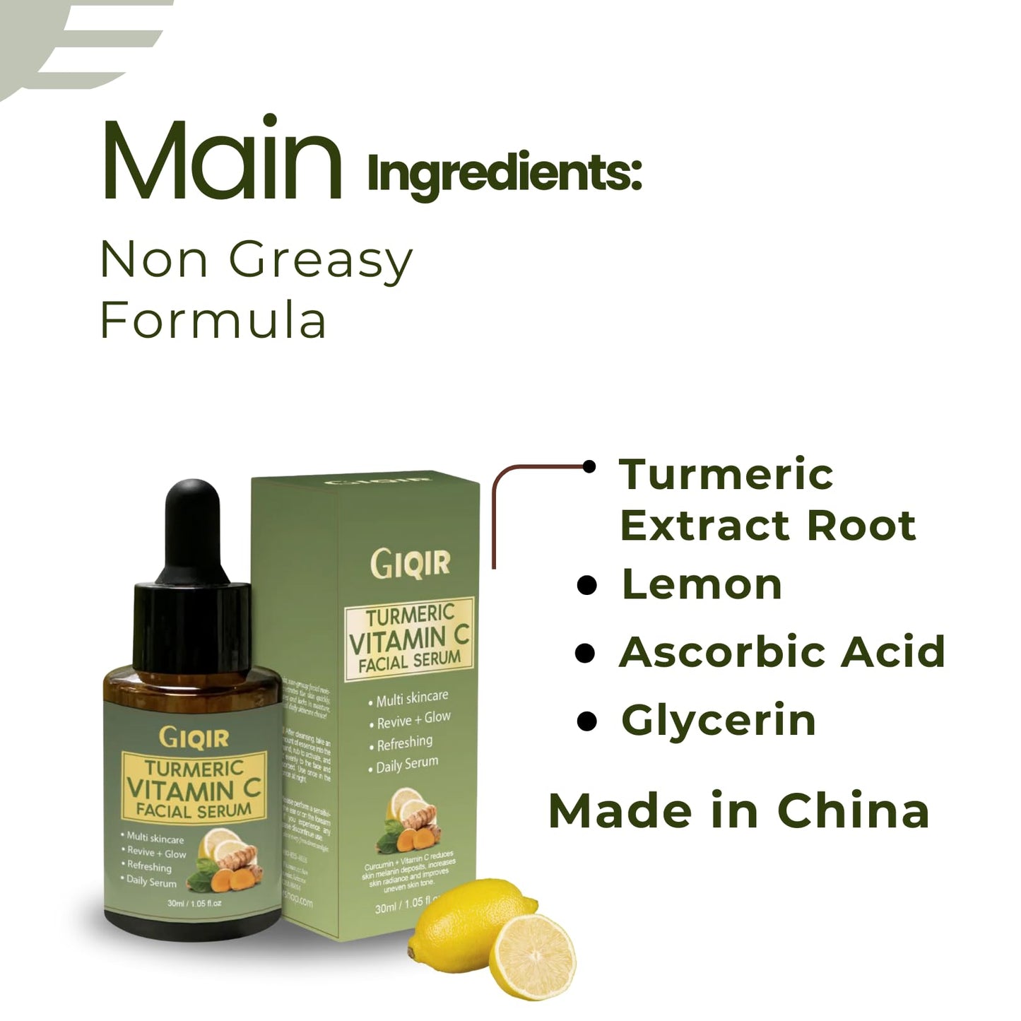 GIQIR Turmeric Vitamin C Facial Serum, Multi-Shine, Revive & Glow, 1.05 fl oz