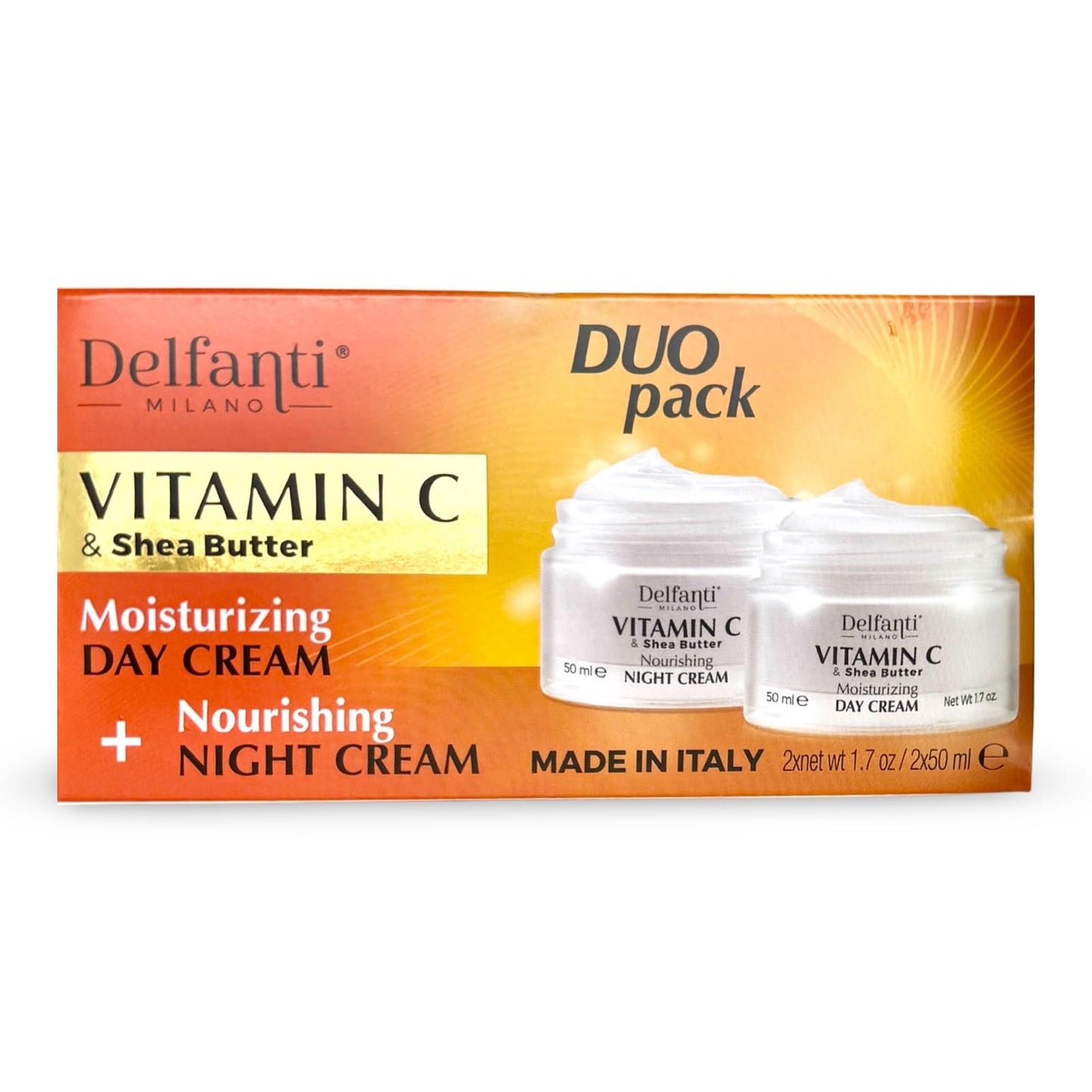 Delfanti-Milano • VITAMIN C & SHEA BUTTER• DUO pack • Day + Night Creams • Face, Neck Décolleté Moisturizing and Nourishing Cream for renewed