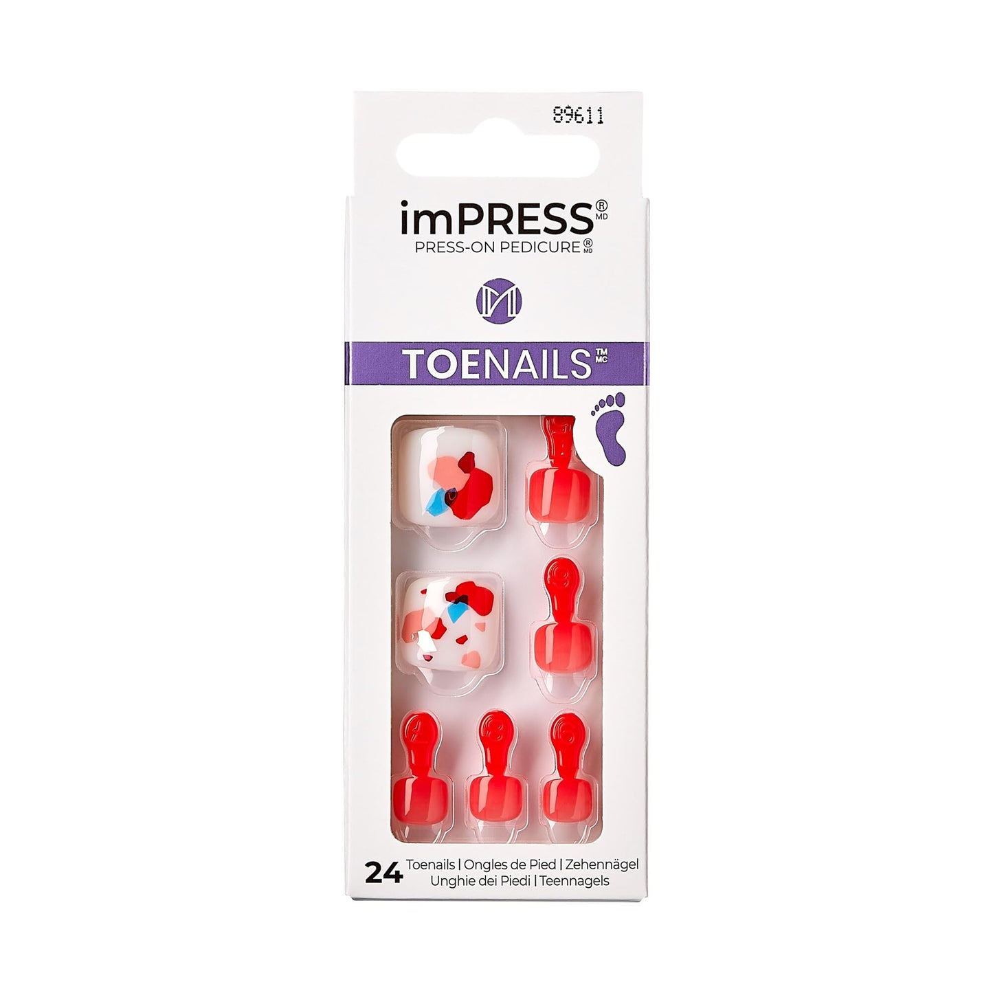 KISS Impress No Glue Pedi Press-On Toenails, Ruby, Red, White, Squoval Shape, Includes 24 Nails, Prep Pad, 1 Manicure Stick, 1 Mini File Beauty & Personal Care KISS