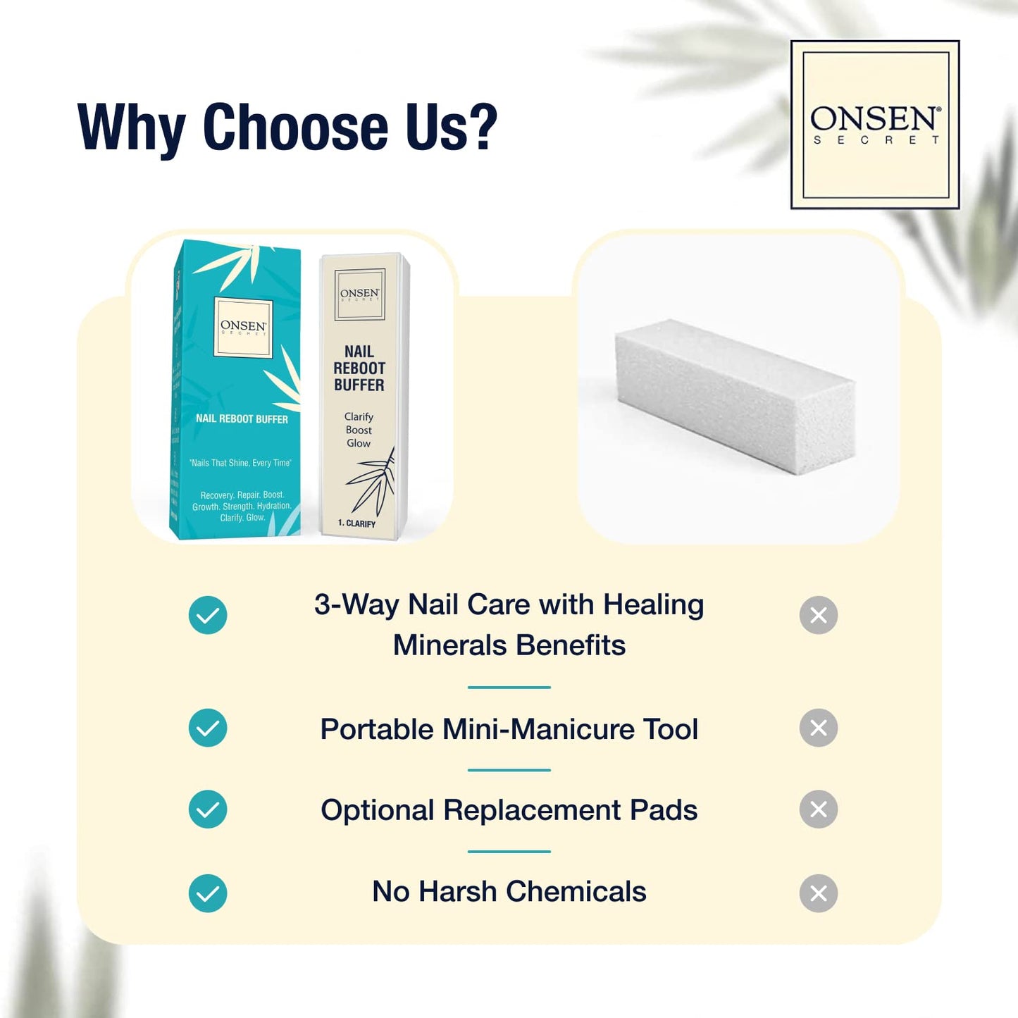 Onsen Secret Professional Nail Buffer Block | 4-Way Buffing for Natural Shine & Healthy Natural Nails - Includes 2 Extra Shine Pads, Salon-Quality