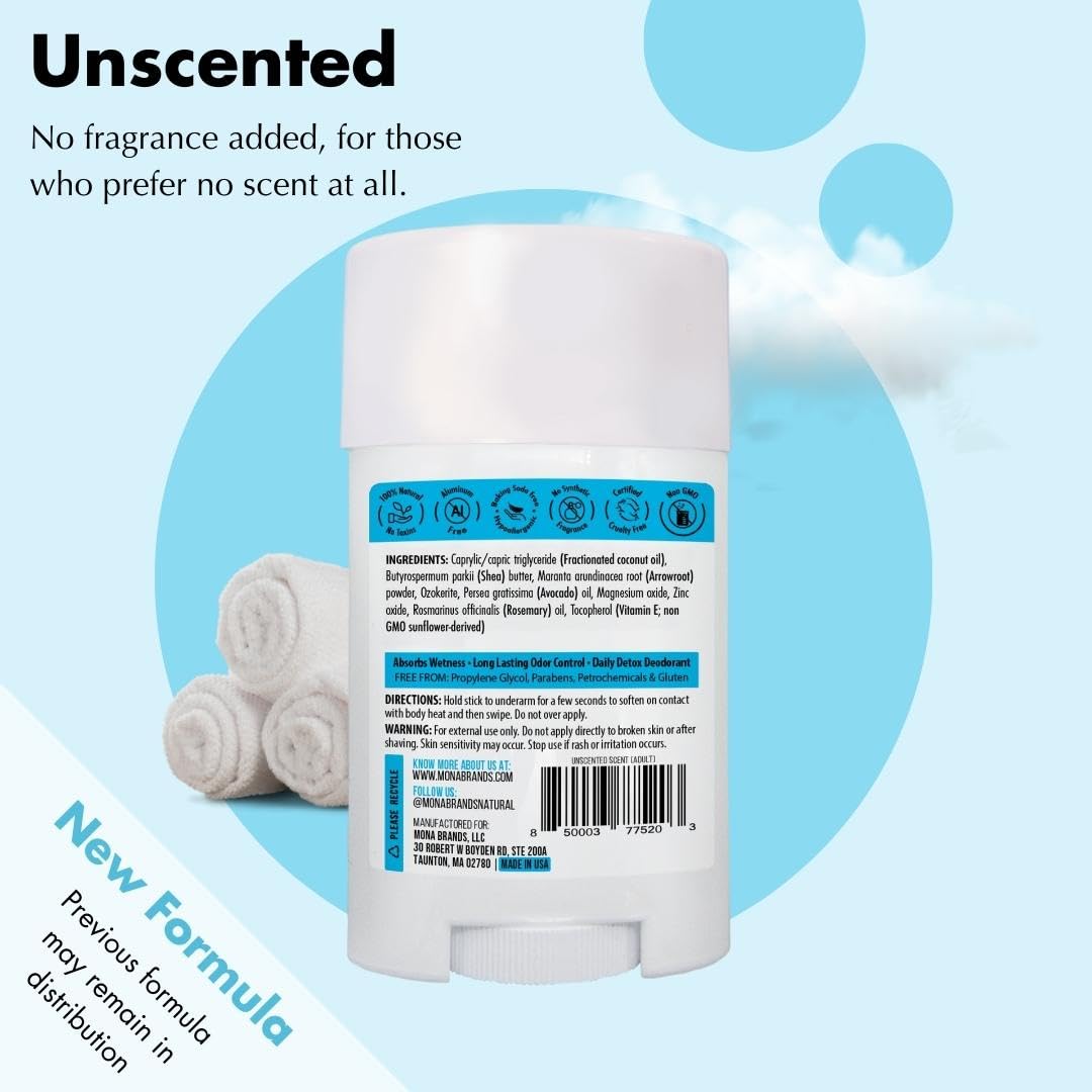 MONA BRANDS All Natural Deodorant For Women & Men - For Sensitive Skin - No Aluminum or Baking Soda - (2-Pack UNSCENTED 1.76 Oz each) Beauty and Personal Care MONA