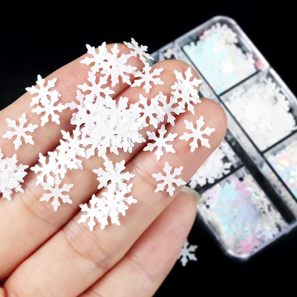Snowflake Nail Glitter Sequins, 6 Grids Holographic Christmas Nail Art Glitter Snow Flakes Christmas Nail Design Winter Xmas Nail Sticker Decals