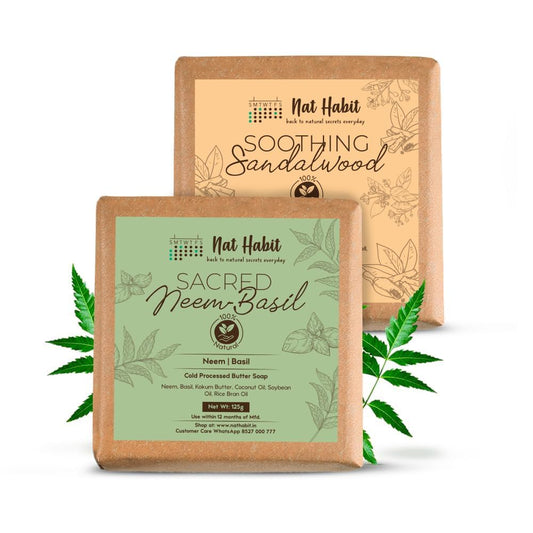 SENTA Soothing Sandalwood & Sacred Neem-Basil Butter Bath Soap Anti-Bacterial With Ayurvedic Cold Processed For Body Acne & Pimples (125g x 2, Combo)