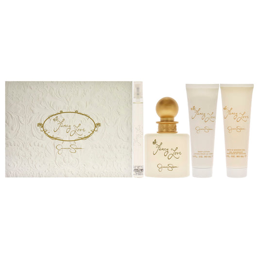 Fancy Love by Jessica Simpson for Women - 4 Pc Gift Set 3.4oz EDP Spray, 0.34oz EDP Mini Spray, 3oz Body Lotion, 3oz Bath & Shower Crème
