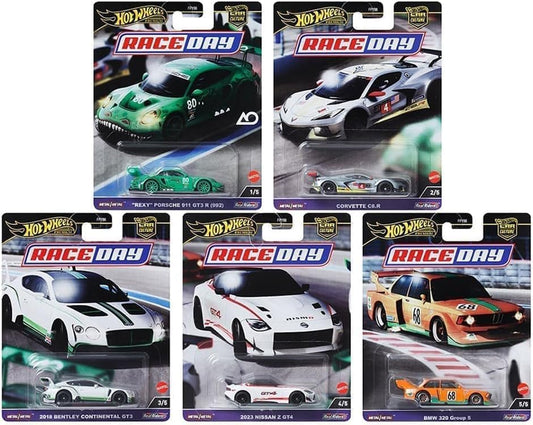 Hot Wheels Race Day Car Collection, 5-Pack Die-Cast Cars, Porsche 911 GT3, Corvette C8.R, Bentley Continental GT3, Nissan Z GT4, BMW 320 FPY86-961D