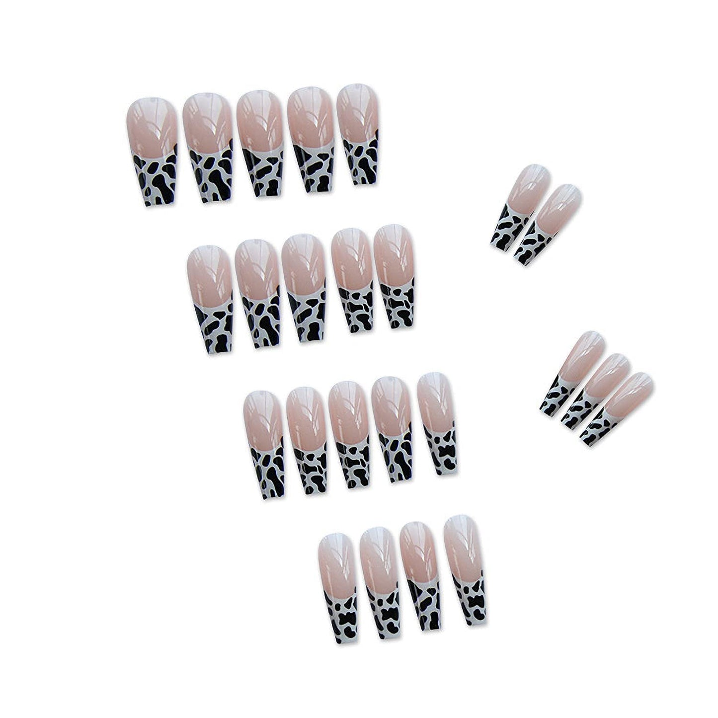MISUD Press on Nails - Long Coffin Fake Nails with Cow Print, Acrylic French Tip Design 24 pcs