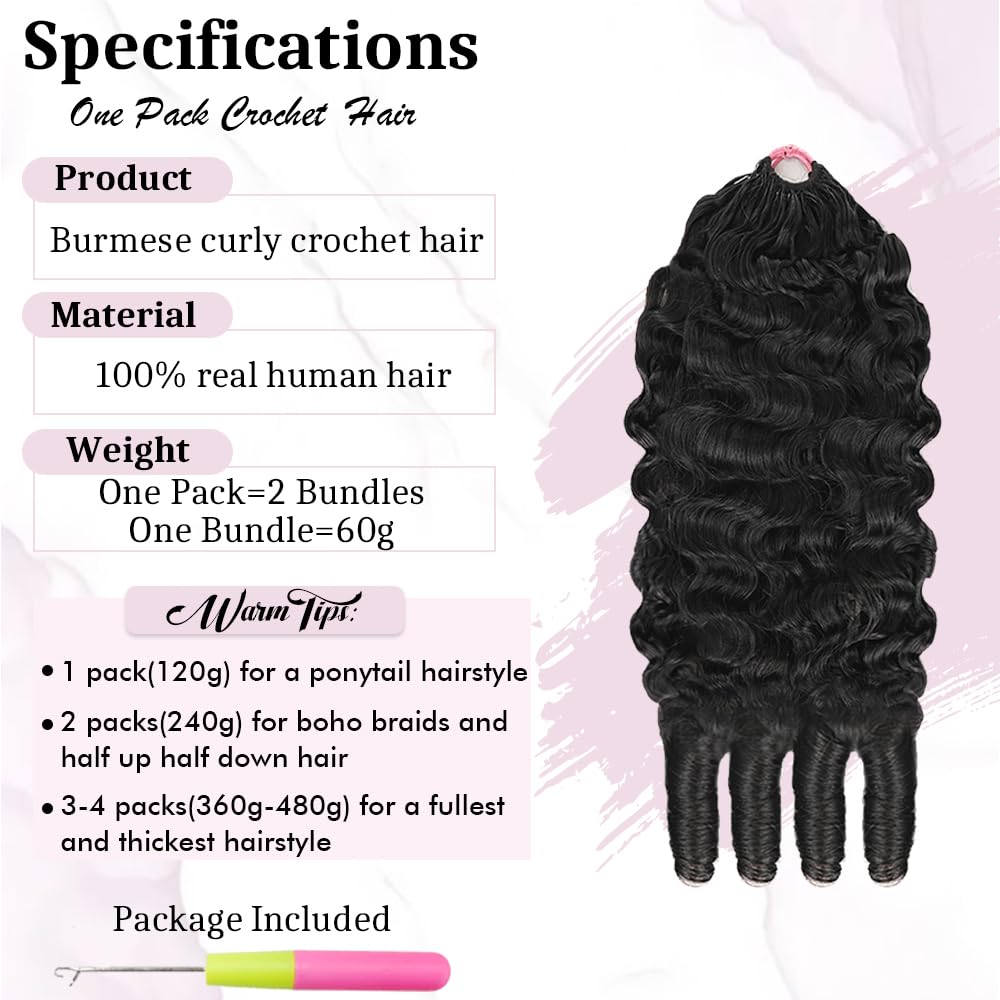 Goulus Burmese Curly Crochet Human Hair 120g Knotless Pre-Separated Feather Crochet Human Hair Bundles 28inch Invisible Miracle Knots Natural Black Beauty and Personal Care Goulus