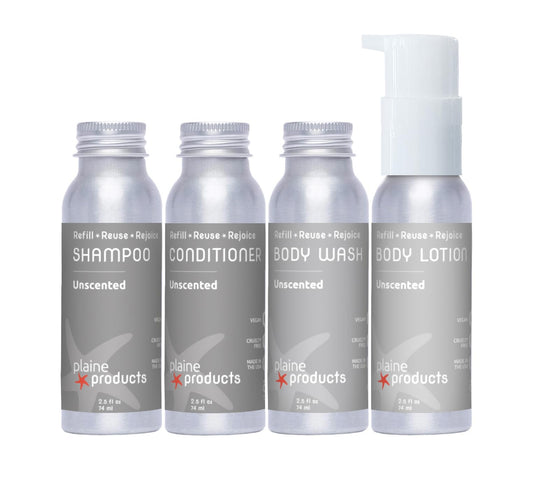 Plaine Products Eco-Friendly Travel Size Shampoo, Conditioner, Body Wash and Body Lotion - Unscented - Paraben/Sulfate/Phthalate Free, Refillable