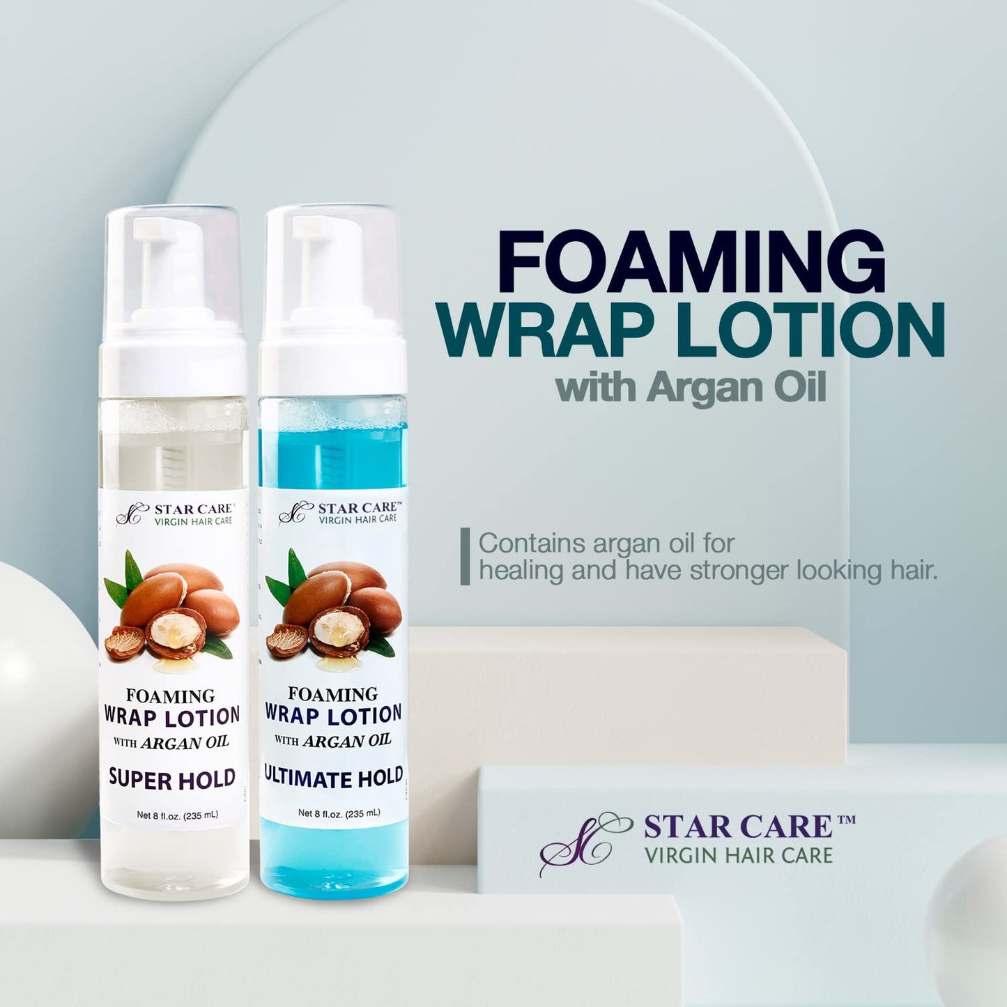 STAR CARE Foaming Wrap Lotion with Argan Oil Lightweight Styling Foam for Shine, Volume & Softness Heat-Safe for Dry Damaged Hair Lightweight