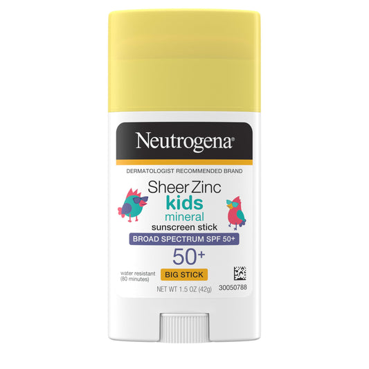 Neutrogena Sheer Zinc Oxide Kids Mineral Sunscreen Stick, Broad Spectrum SPF 50+ & UVA/UVB Protection & Water Resistant with Residue-Free, No-Mess