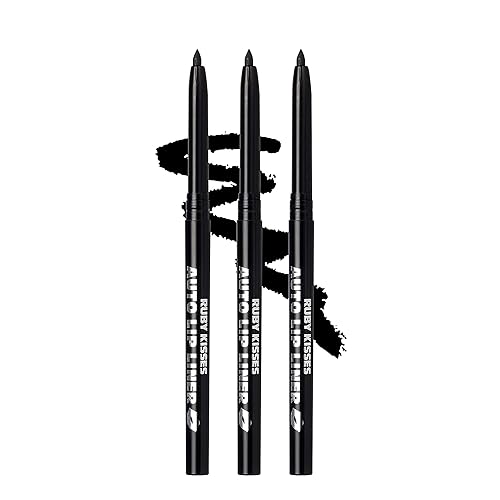 Ruby Kisses Auto Lip Liner Pencil (Black 3 Pack), Long Lasting & Non-Fading, Smooth Application, Non-Feathering with Rich Pigmented Color, No
