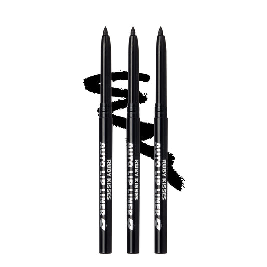 Ruby Kisses Auto Lip Liner Pencil (Black 3 Pack), Long Lasting & Non-Fading, Smooth Application, Non-Feathering with Rich Pigmented Color, No