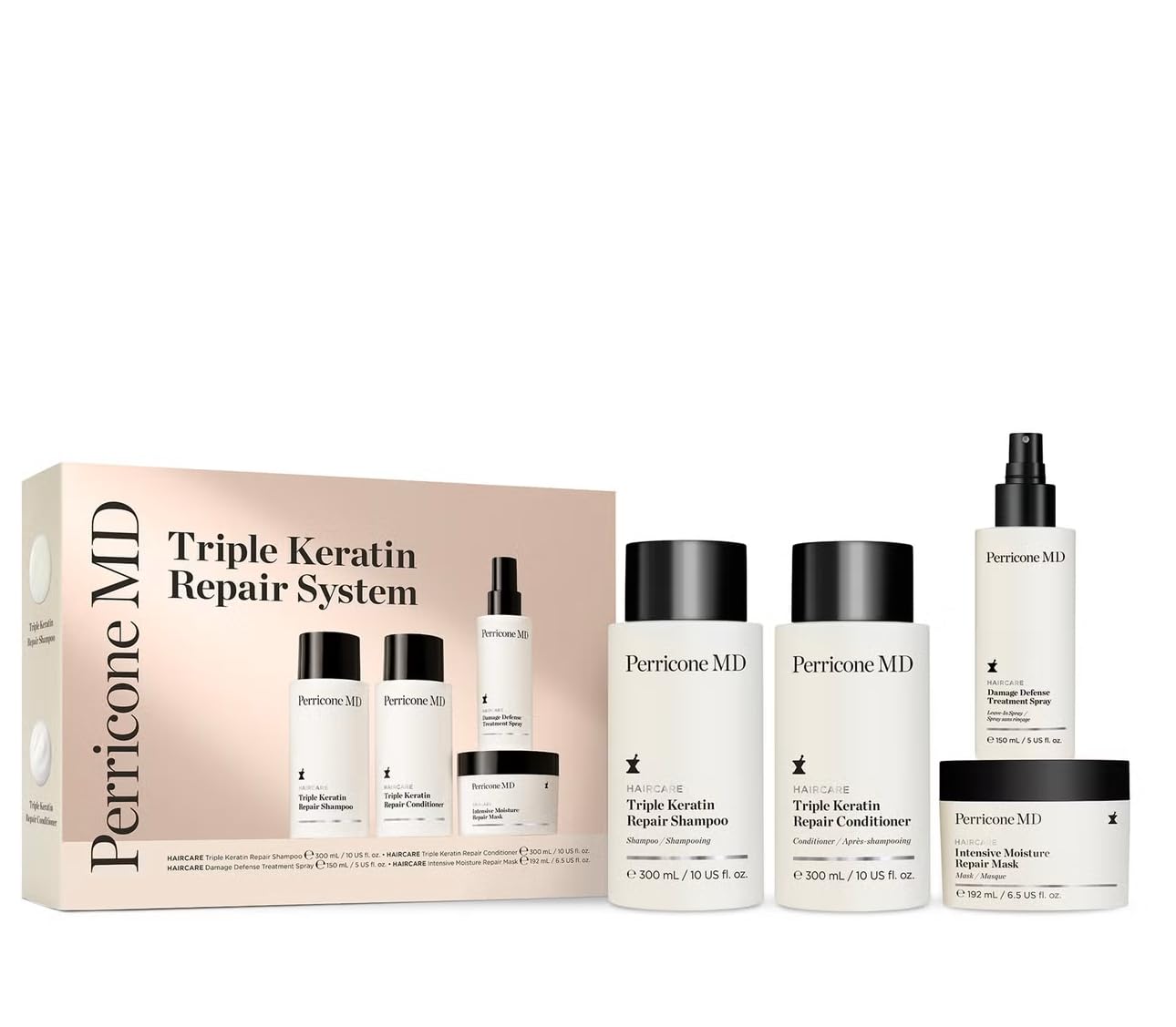 Perricone MD Haircare Triple Keratin Repair System, Liquid Shampoo & Conditioner Set, Hypoallergenic, for Dry Damaged Hair