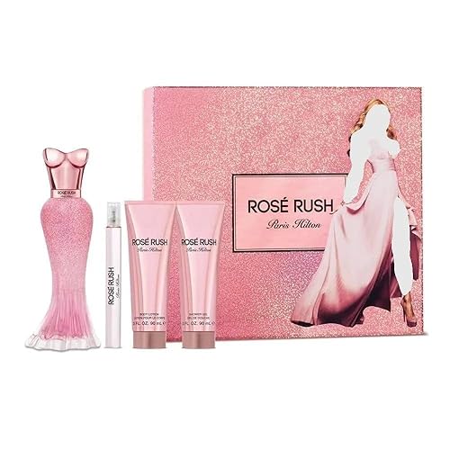 Paris Hilton Rose Rush 4 Pieces Gift Set for Women, (3.4 Ounce Eau de Parfum Spray + 3.0 Ounce Body Lotion + 3.0 Ounce Shower Gel + 0.3 Ounce Eau de