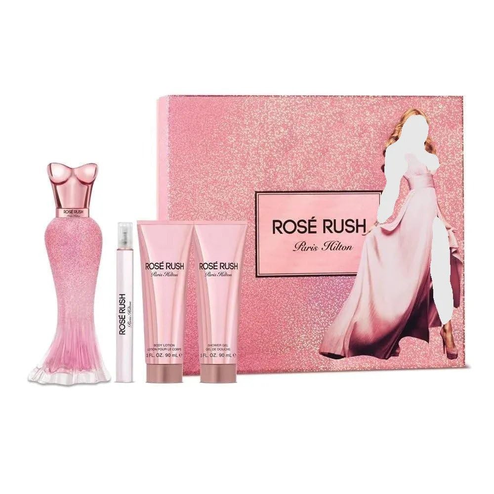 Paris Hilton Rose Rush 4 Pieces Gift Set for Women, (3.4 Ounce Eau de Parfum Spray + 3.0 Ounce Body Lotion + 3.0 Ounce Shower Gel + 0.3 Ounce Eau de