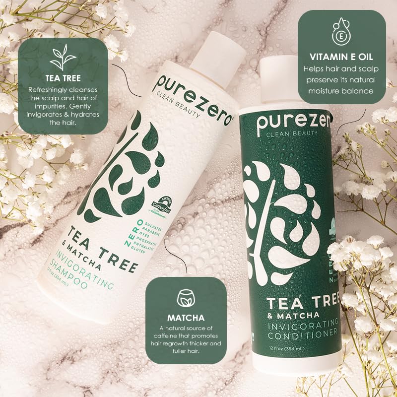 Purezero Tea Tree & Matcha Shampoo and Conditioner Set - Nourishing & Invigorating Scalp Treatment - Zero Sulfates, Parabens, Dyes Vegan and Cruely