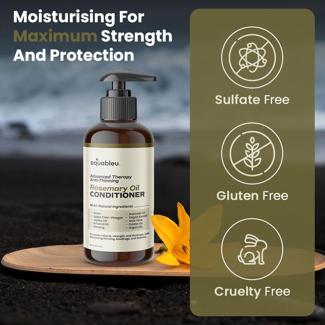 Aquableu Advanced Therapy Anti-Thinning Rosemary Oil Conditioner - Infused with 14 All-Natural Ingredients for Enhanced Volume, Strength, Thickness