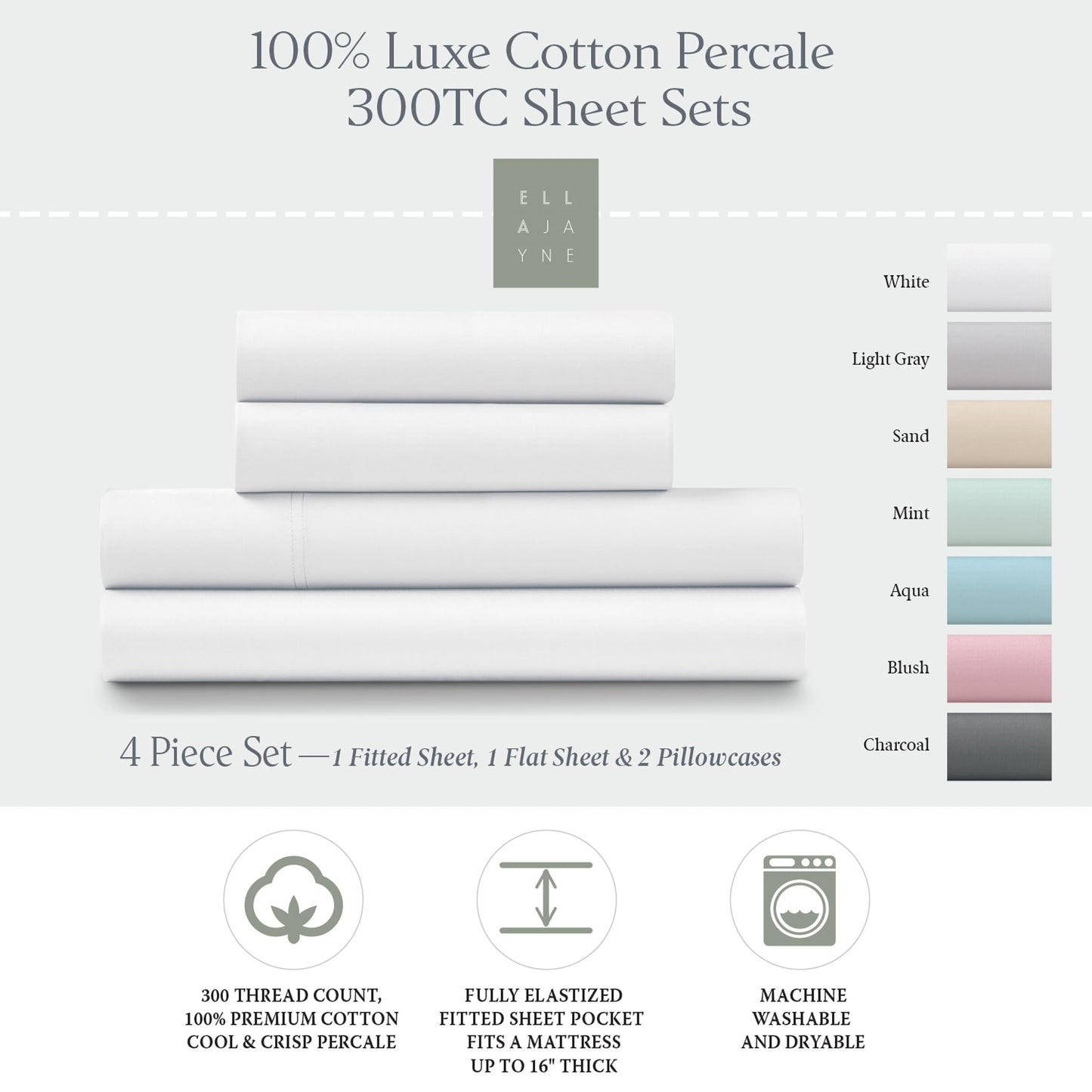 Ella Jayne Percale Sheets Queen (4 Pieces), Permium 100% Cotton Percale TC300, Hotel Luxury Collection, Deep Pockets and Cooling Percale Sheets