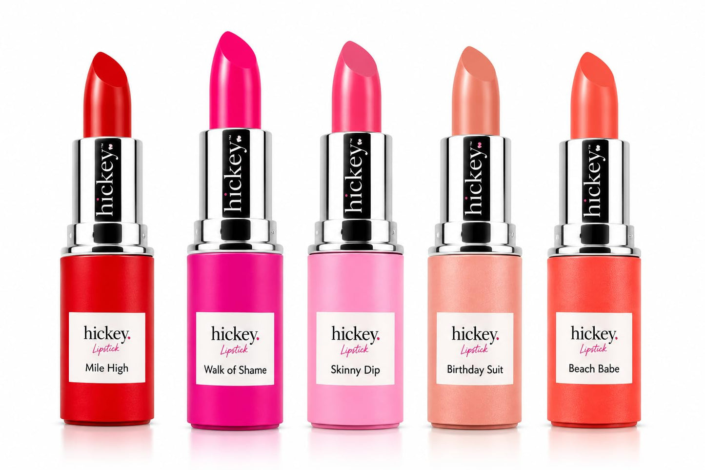 Hickey Lipstick Fashion Week Collection, 5 Piece Refill Set (Mile High, Birthday Suit, Walk of Shame, Beach Babe, Skinny Dip), Long Lasting Hydrating