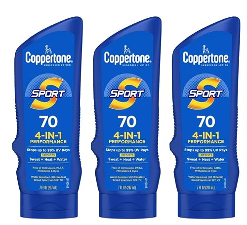Coppertone Sport 4-in-1 Performance Sunscreen Lotion, Broad Spectrum SPF 70, Water Resistant and Sweat Resistant, 7 fl oz (Pack of 3)