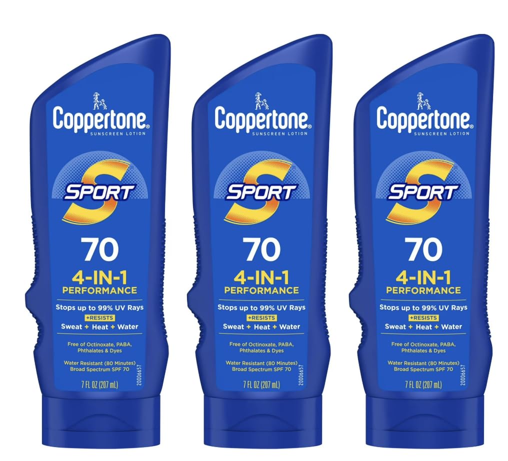 Coppertone Sport 4-in-1 Performance Sunscreen Lotion, Broad Spectrum SPF 70, Water Resistant and Sweat Resistant, 7 fl oz (Pack of 3)
