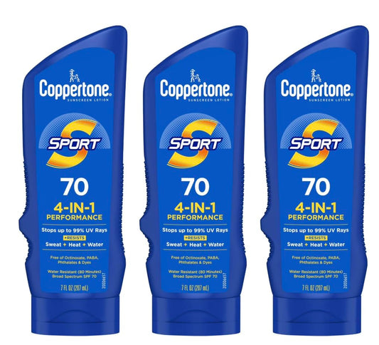 Coppertone Sport 4-in-1 Performance Sunscreen Lotion, Broad Spectrum SPF 70, Water Resistant and Sweat Resistant, 7 fl oz (Pack of 3)