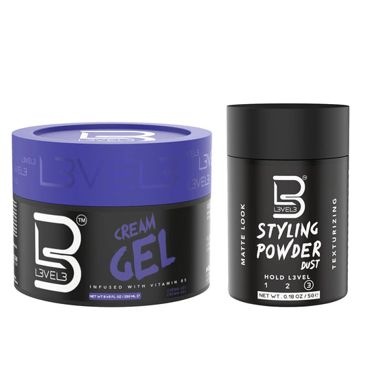 L3 Level 3 Cream Gel - Provides Volume and Medium Hold - With Vitamins to Nourish and Protect Hair Level Three Mens Hair Styling Cream (Sample Powder