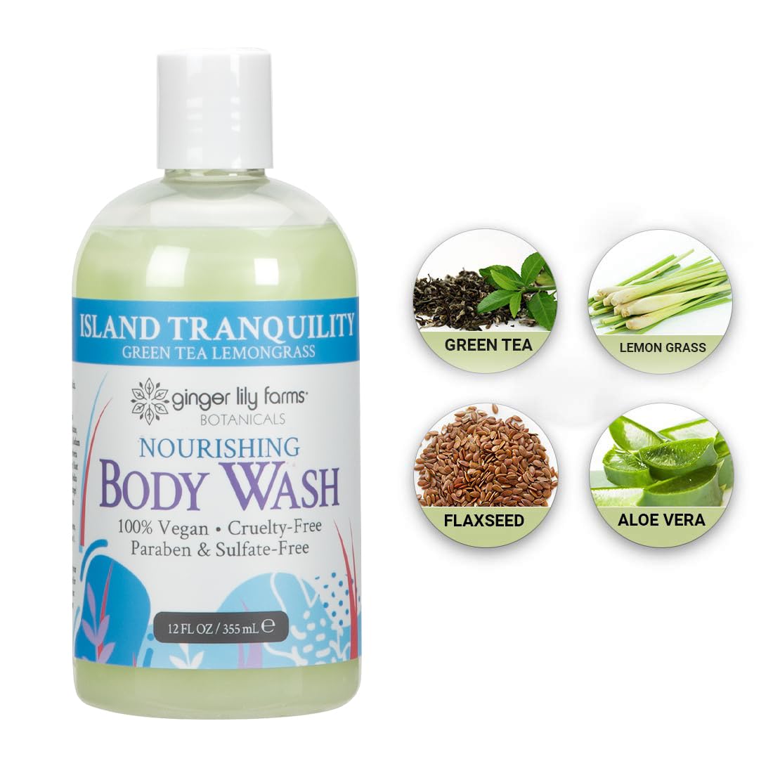Ginger Lily Farms Botanicals Nourishing Body Wash, Island Tranquility, 100% Vegan & Cruelty-Free, Green Tea & Lemongrass Scent, 12 Fl Oz