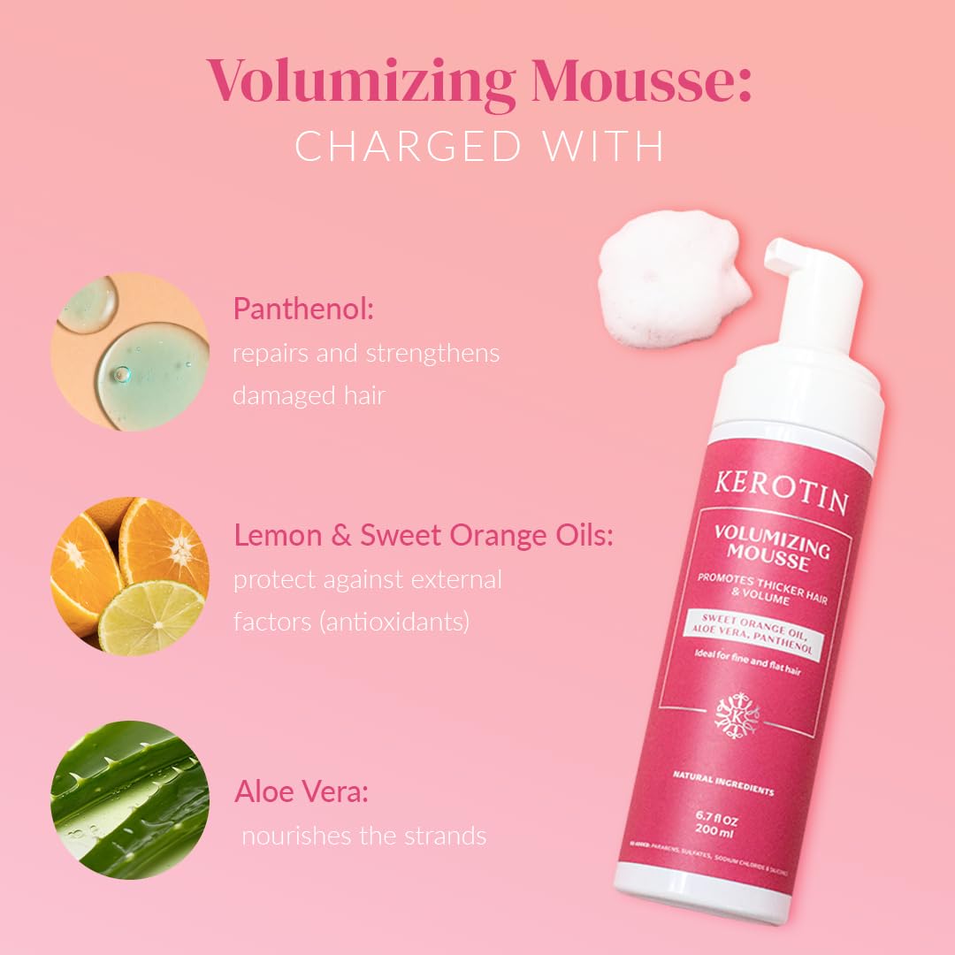Kerotin Volumizing Mousse, Root Volumizer, Hair Thickening Styling Foam for Volume, Texture & Body, Tames Frizz & Flyaways, Ideal for Fine and Thin
