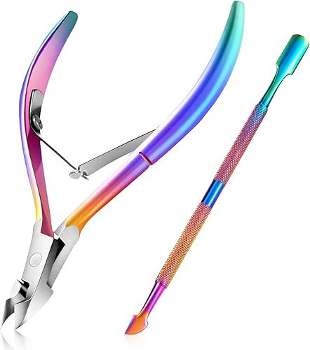 Easkep Cuticle Trimmer with Cuticle Pusher, Cuticle Remover Professional Stainless Steel Cuticle Cutter Nippers Rainbow Sharp Sturdy Pedicure Manicure