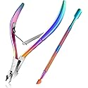 Easkep Cuticle Trimmer with Cuticle Pusher, Cuticle Remover Professional Stainless Steel Cuticle Cutter Nippers Rainbow Sharp Sturdy Pedicure Manicure