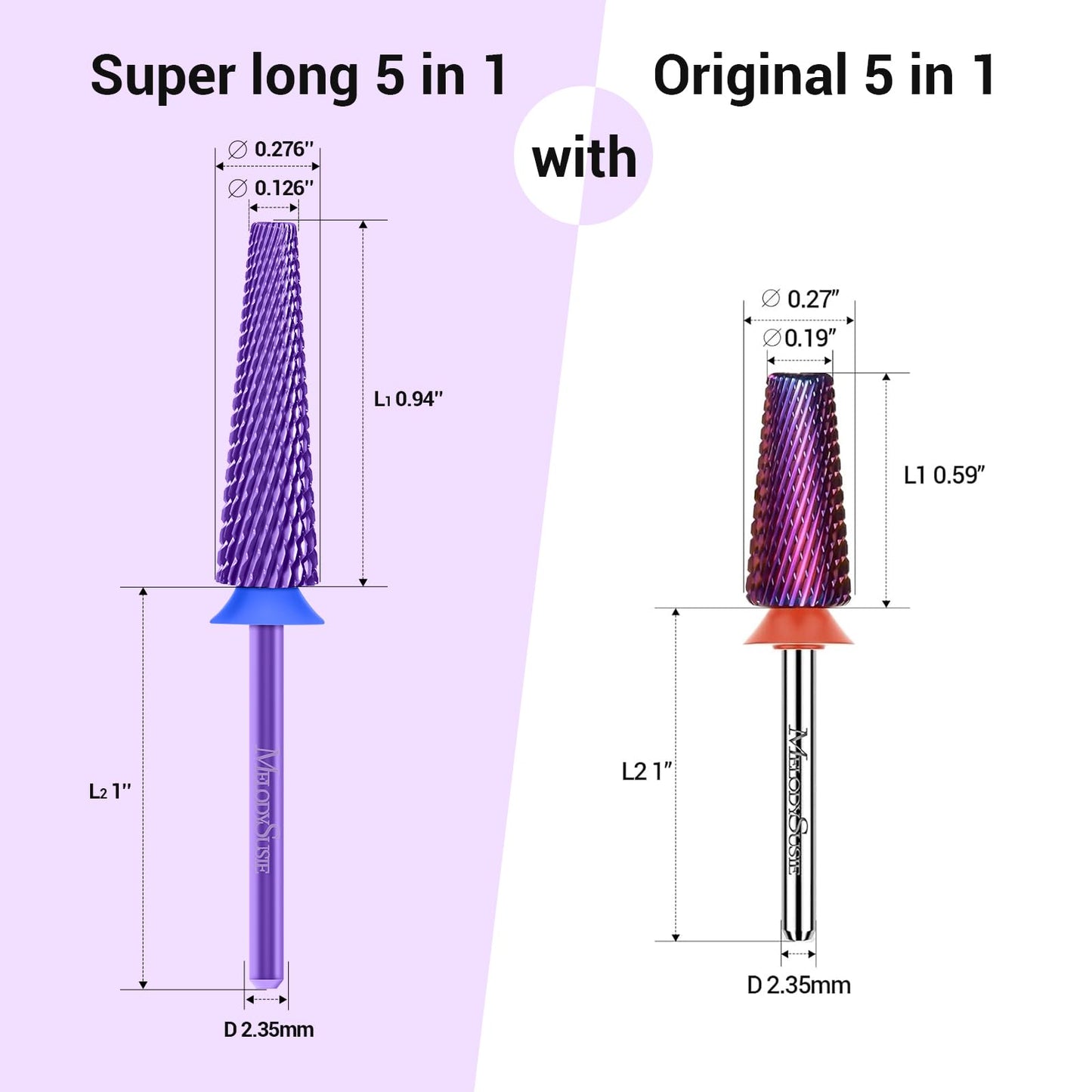 MelodySusie Super Long 5 in 1 Nail Drill Bits, 3/32'' Carbide Tungsten Bits, Suitable for Manicure Pedicure Cuticle Gel Polishing, Professional Beauty and Personal Care MelodySusie