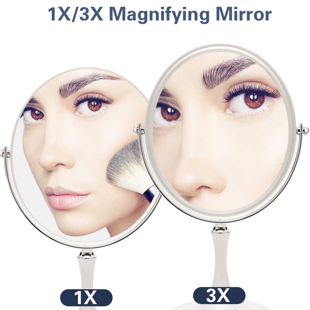 YEAKE Vintage Table Mirror with Stand 8-inch Double Sided Swivel 1X/3X Magnification Desk Mirror with Silver Style 13 Inch Height Standing Tabletop