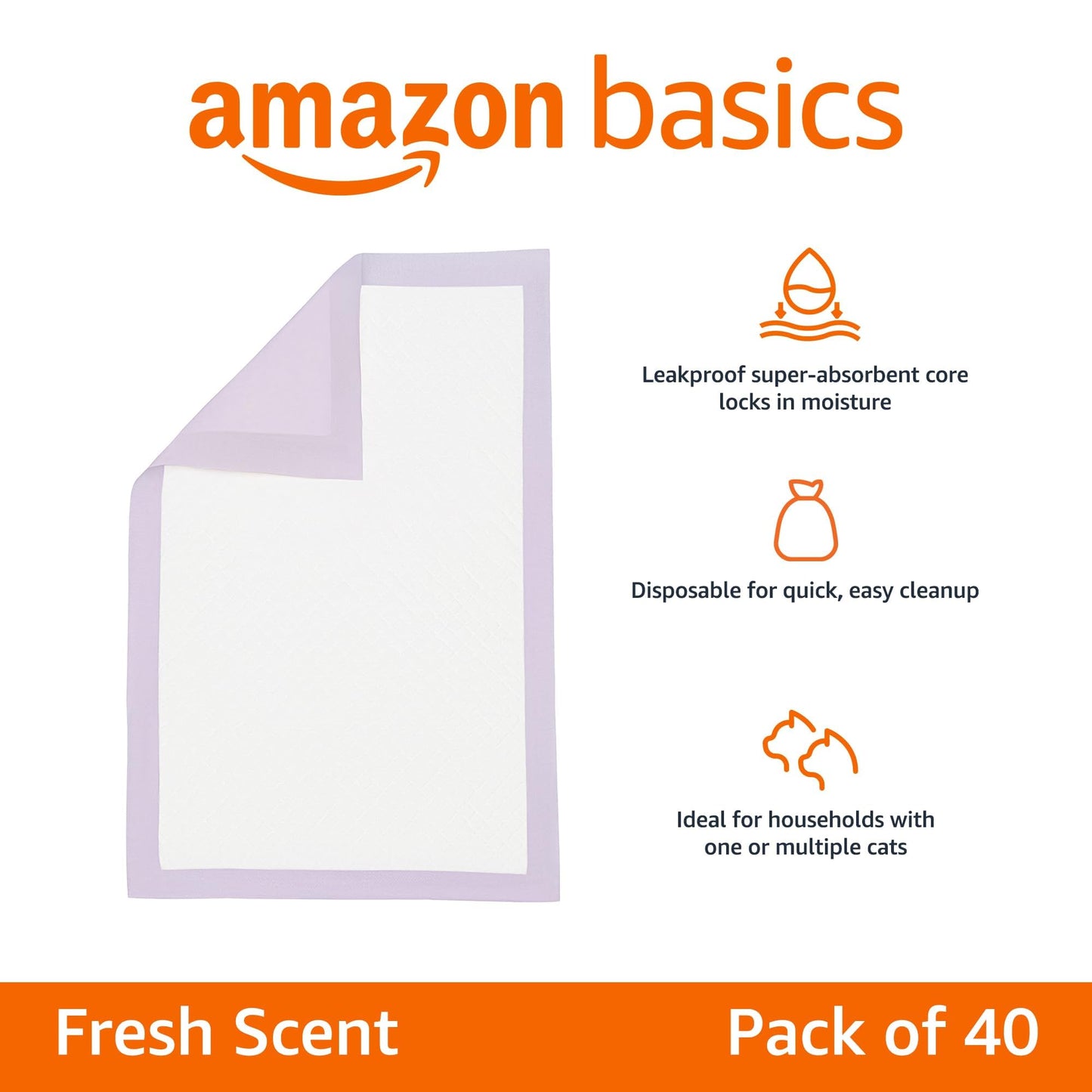Cat Litters Pee Pads, 40 Count, Universal Fit for Litter Box, Odor Control with Fresh Scent, Purple and White
