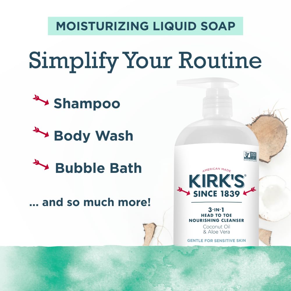 Kirk's Mint and Eucalyptus 3-in-1 Nourishing Cleanser, Shampoo Body Wash Bubble Bath, Coconut Oil and Aloe Vera, Vegan Non-GMO, 32 Fl Oz Beauty & Personal Care Kirk's