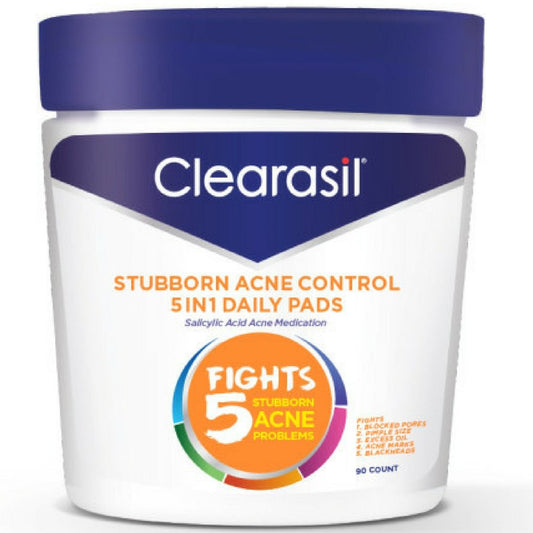 Clearasil Stubborn Acne Control 5in1 Daily Facial Cleansing Pads, 90 Count (Packaging May Vary) (Pack of 8)