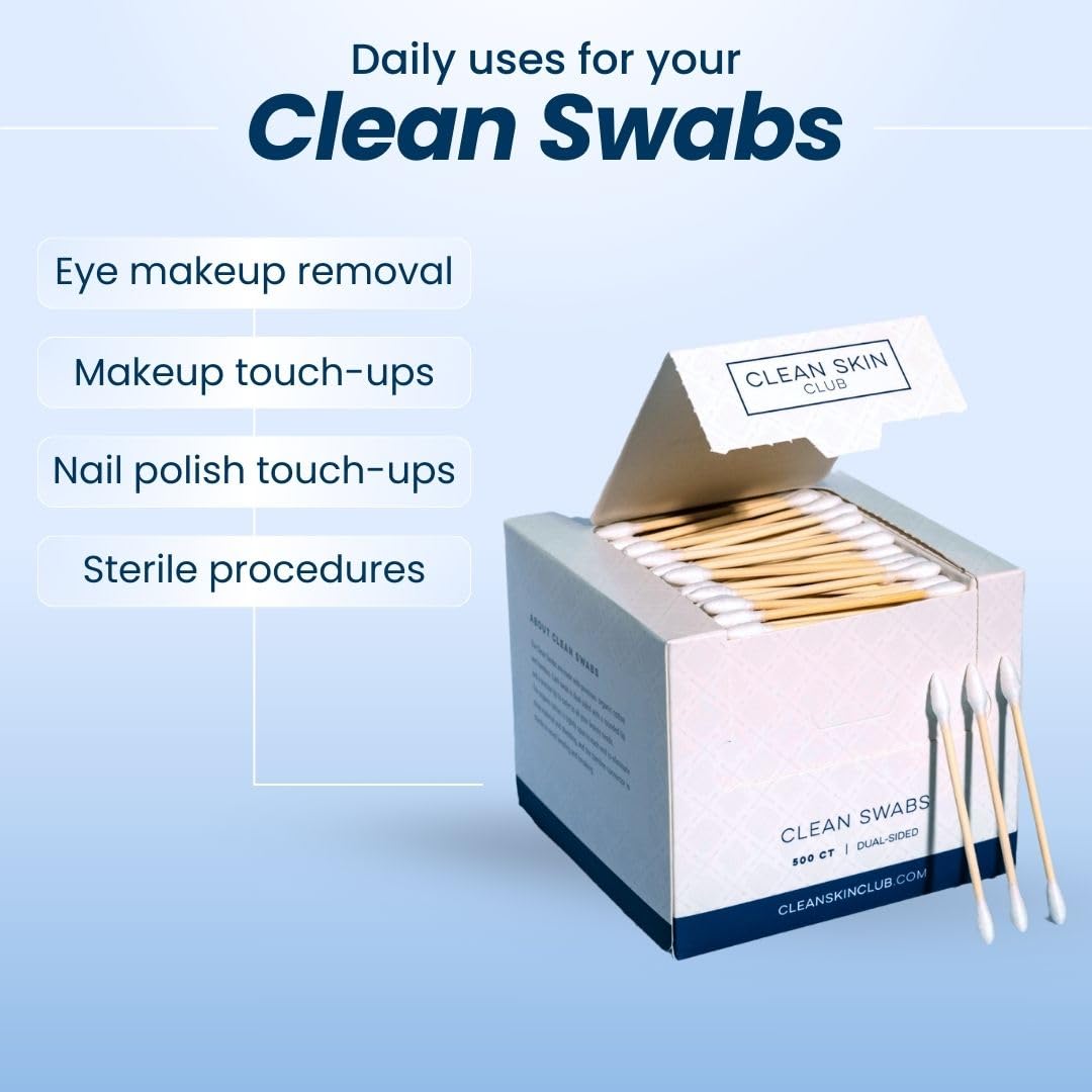 Clean Skin Club Clean Swabs | 500CT | One Pointed Tip | Biodegradable + Organic Cotton & Bamboo | Makeup & Nail Polish Touch-ups | Chlorine-Free Beauty and Personal Care CLEAN SKIN CLUB