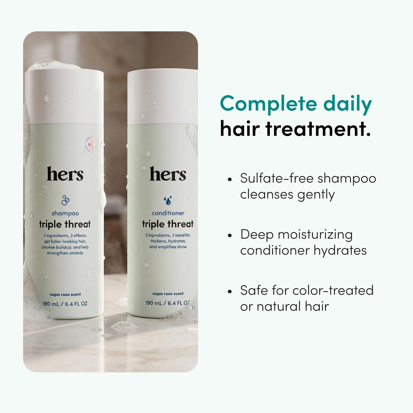 hers Triple Threat Shampoo & Conditioner Set - Biotin, Saw Palmetto, & Pumpkin Seed Oil Formula - Thickens & Hydrates - Color-Safe, Paraben-Free