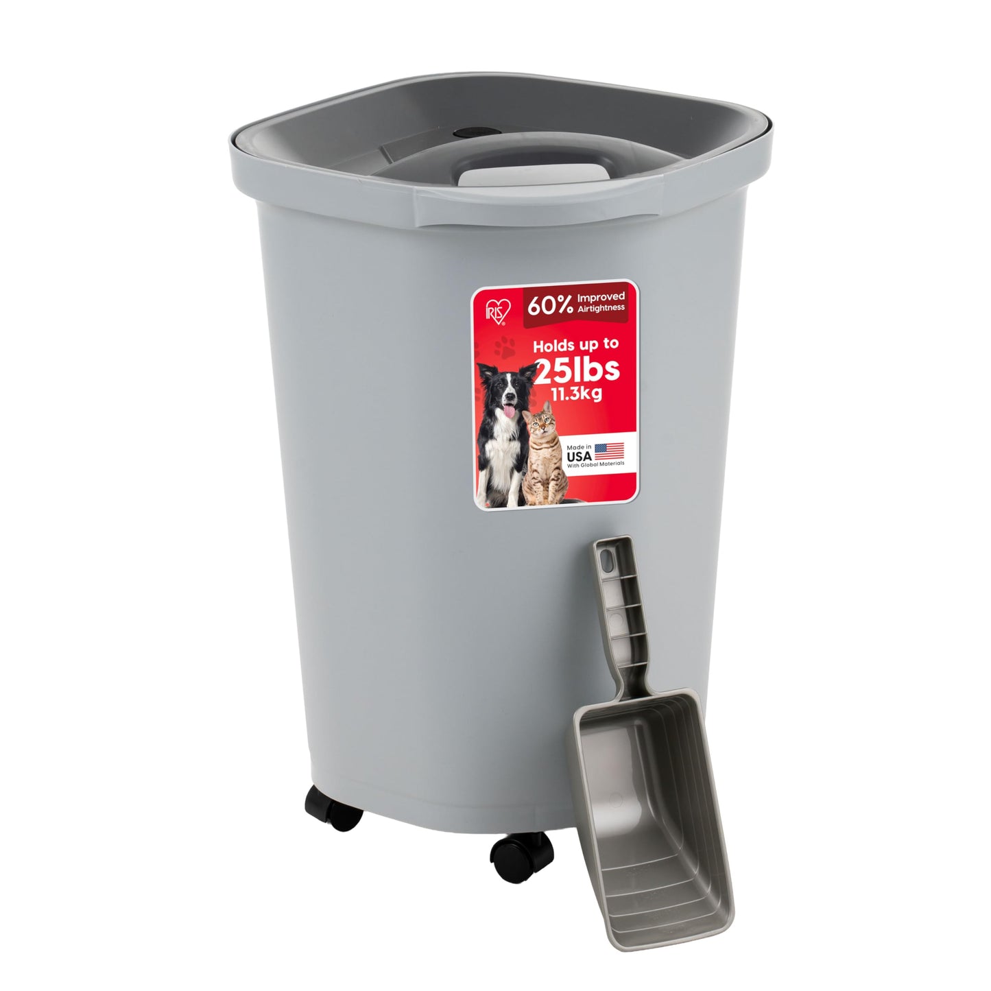IRIS USA Pet Food Storage Container 25 lbs, Premium 60% Improved Airtight Seal with Air Valve, 2 Cup Scoop, Removable Wheels, Easy to Open - Made…
