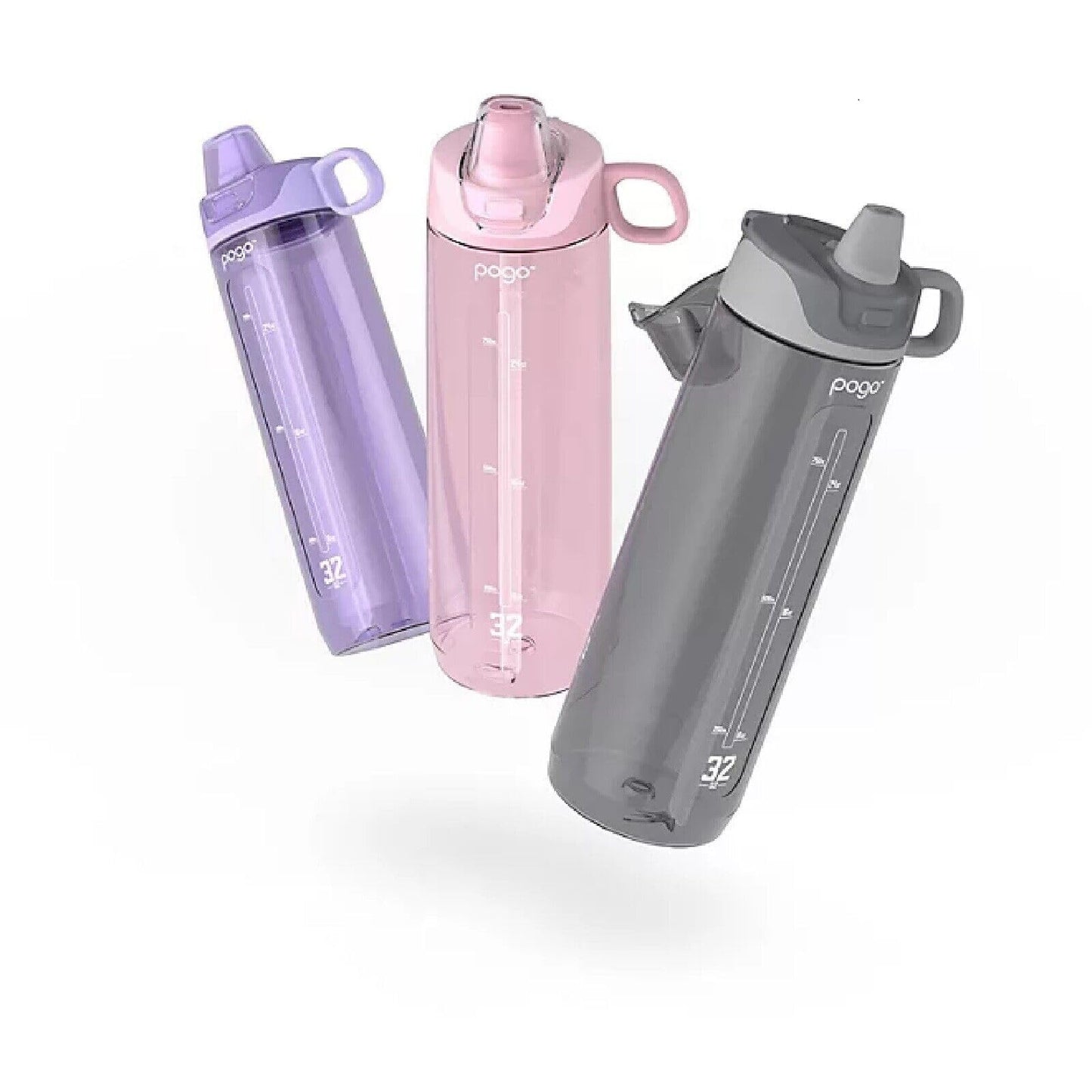 Pogo BPA Free Tritan Water Bottles with Flip Lid and Straw - 32 Ounce, 3 Pack (Lilac, Pink Satin, Gray)