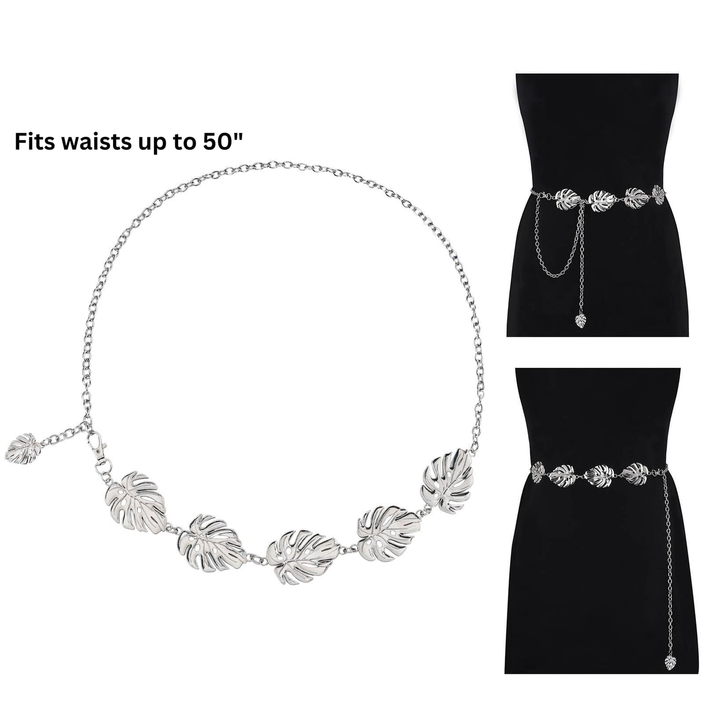 Monstera Leaf Silver Metal Western Chain Belt - Boho Fairy Witchy Body Jewelry for Women - Adjustable Waist Belt for Plant Moms, Ren Faire & Festival…
