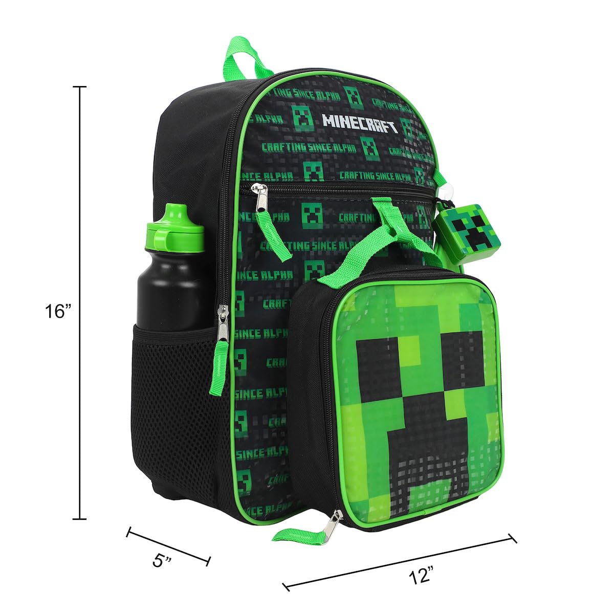 BIOWORLD Boys Minecraft Creeper Youth 5 Piece Backpack Set Green One Size