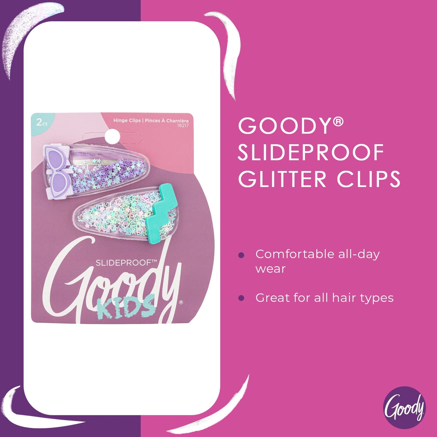 Goody Kids Slideproof Hair Snap Clips - 2 Count, Nostalgia Glitter - Just Snap Into Place - Hinge Clips Suitable for All Hair Types - Pain-Free Hair