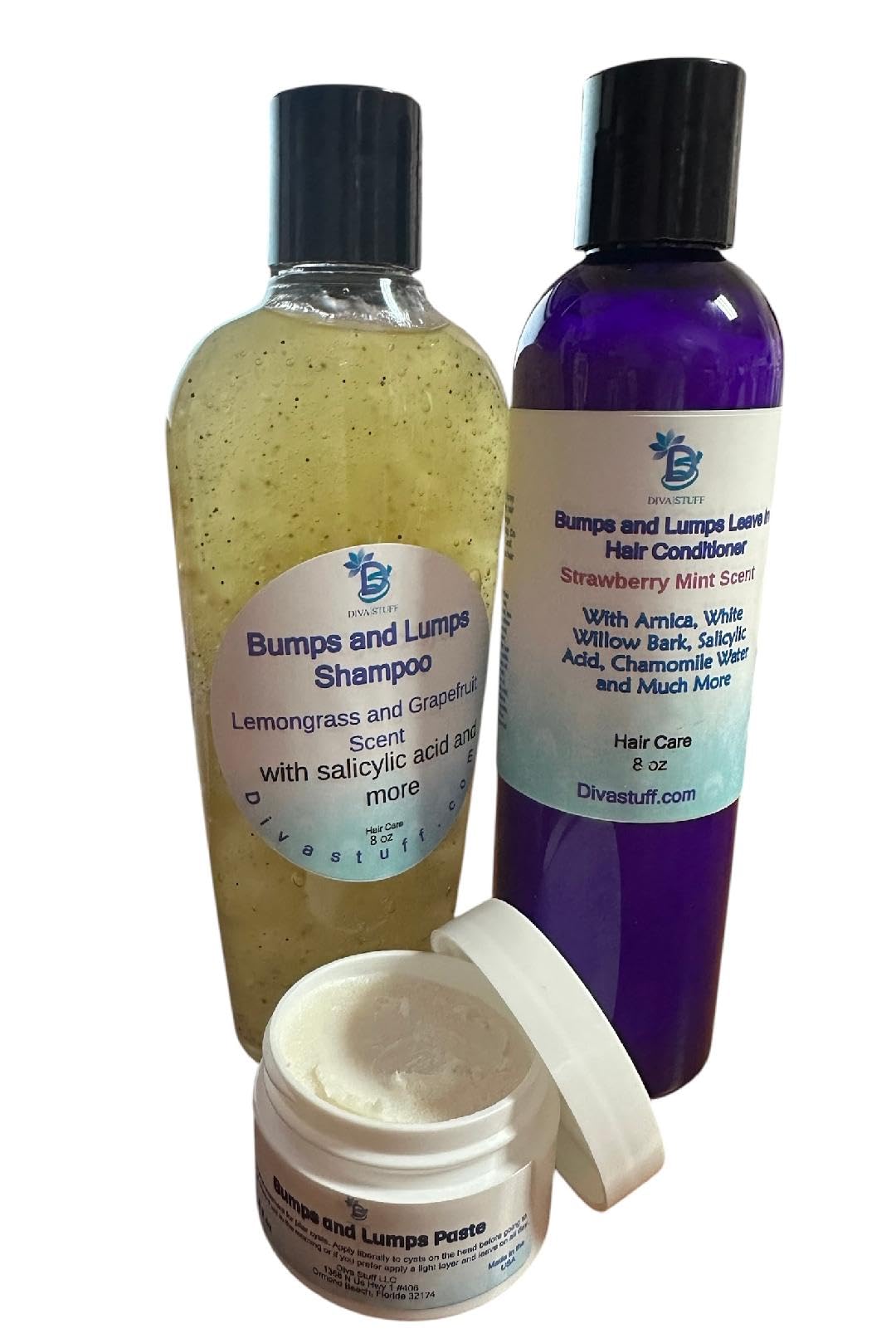 Bumps and Lumps Shampoo, Leave In Conditioner and Night Time Paste, For Problematic Lumps and Bumps on The Scalps, By Diva Stuff