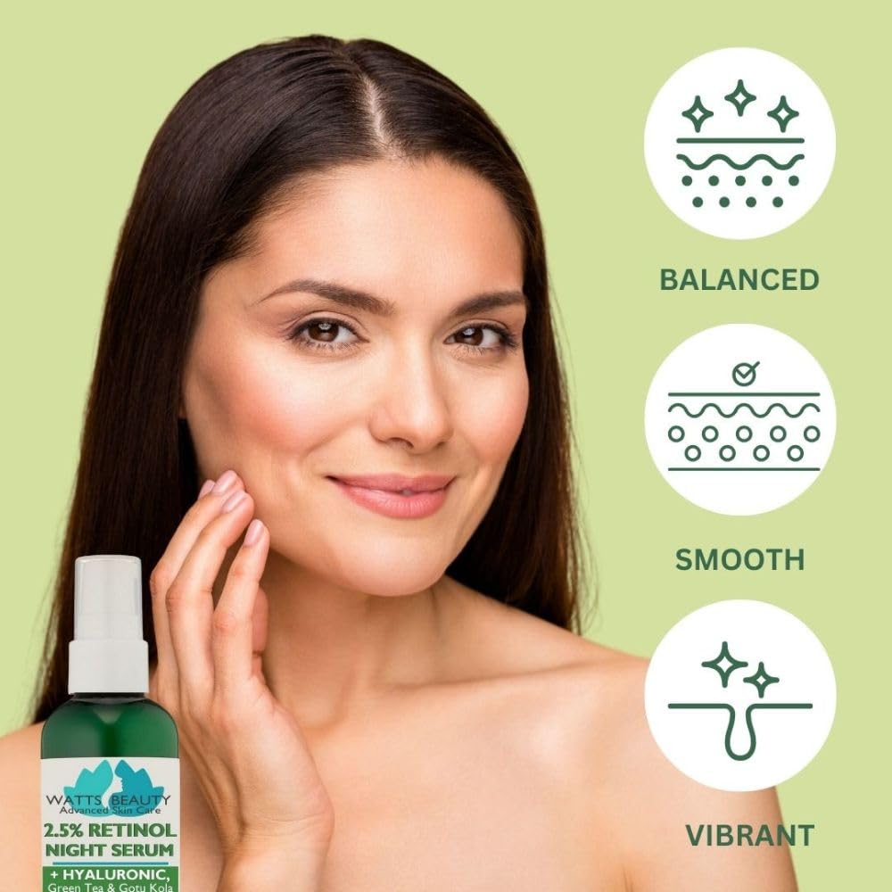 Watts Beauty 2.5% Retinol Serum with 50% Hyaluronic Acid - Anti Aging, Fine Lines, Wrinkles, Blemishes, Large Pores - No Parabens, No Animal Testing