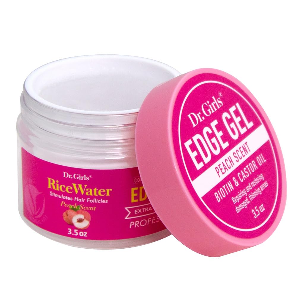 Dr. Girls Rice Water Edge Gel - Extra Mega Hold for Cornrows, Locs & Twists with Biotin, Castor Oil 3.5oz (Peach)
